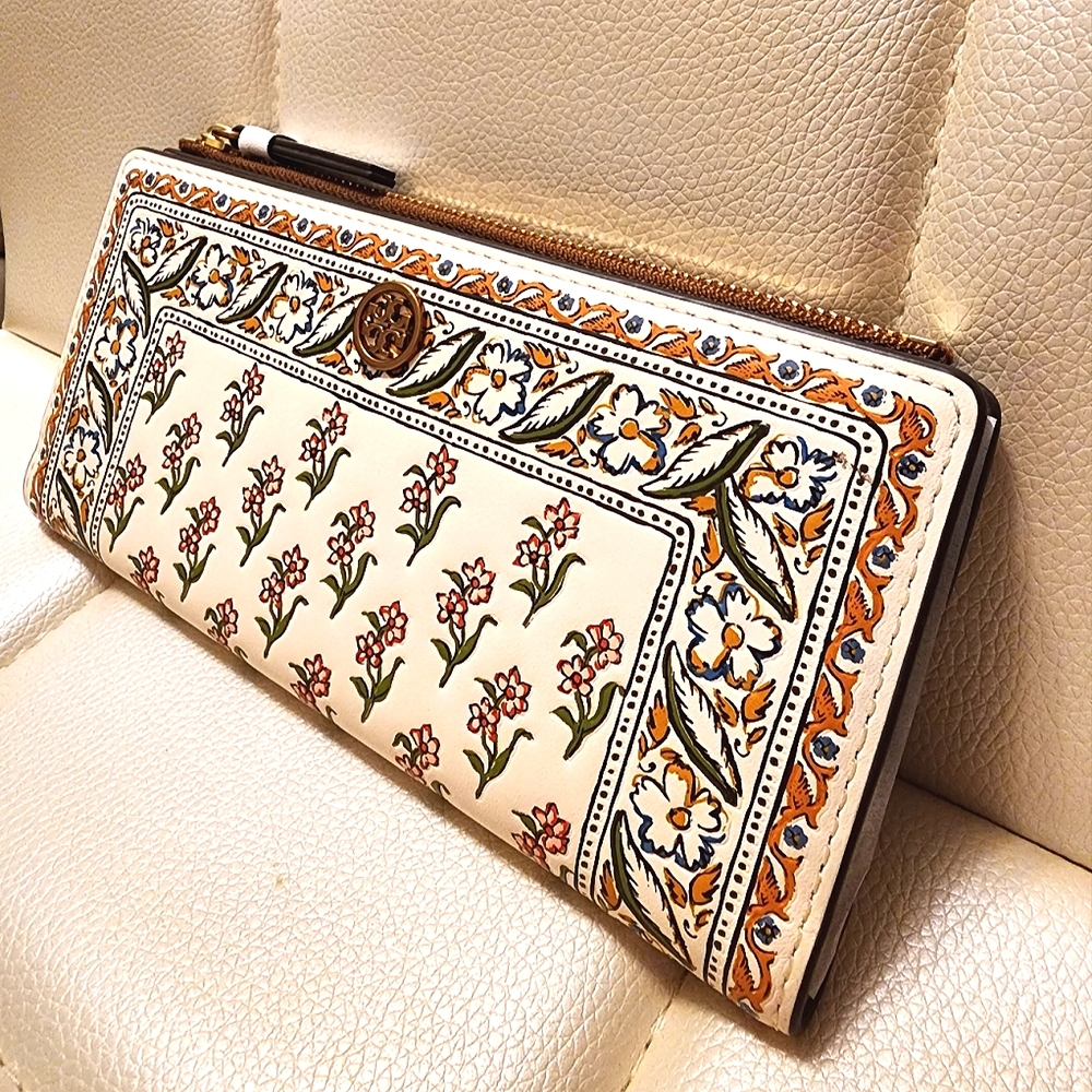 NWT ~Tory Burch Walker Printed Leather Slim Wallet Beige Flower Ditsy Border - Picture 5 of 16